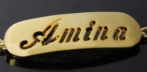 amina gold plated name necklace bracelet jewellery set gold plating yellow 5 29681 p 300x147 صور ِاسم امينة مزخرف انجليزى , معنى اسم امينة و شعر و غلاف و رمزيات